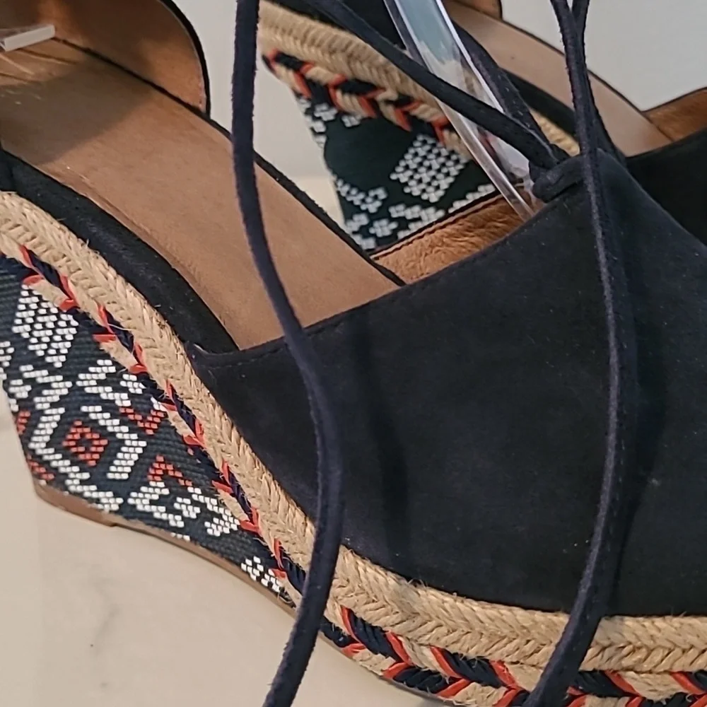 Cabi Isla Leather Suede Navy Blue Wedge Heels Espadrilles Sandals Wmns 7.5 Boho